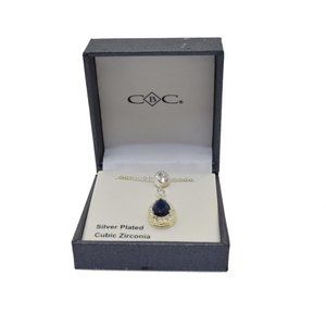 CBC Silver Plated Cubic Zirconia CZ Pendant Simulated Sapphire Teardrop Necklace